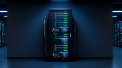 Data center server rack showcasing information technology infrastructure with colorful cables and