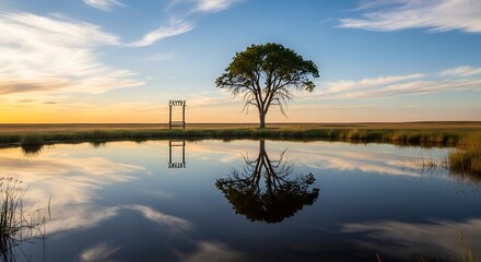 Serene Landscape with Lone Tree and Reflection in Water at Sunset.