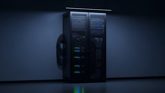 Data center server rack with multiple patch cables illuminated in the darkness for network - Powered by Adobe