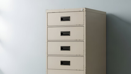 Metal filing cabinet featuring multiple drawers, ideal for office organization and archival purposes
