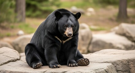 Majestic Black Bear Resting on Rocks in Natural Habitat.