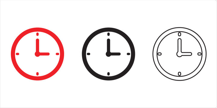 Time's Essence: Three stylized clock illustrations in red, black, and outline versions, symbolizing concepts of timing, punctuality, and the cyclical nature of hours.