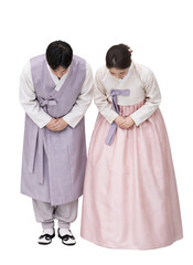 새해인사 - 한복을 입고 공손하게 인사(세배)하는 한국인 젊은 부부 (설날, 추석, 명절, 결혼) 2026