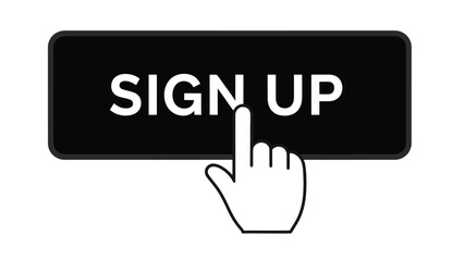 A hand cursor is pointing towards a black sign up button with white text