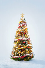 christmas tree with christmas decorations standing on the ground covered with snow
