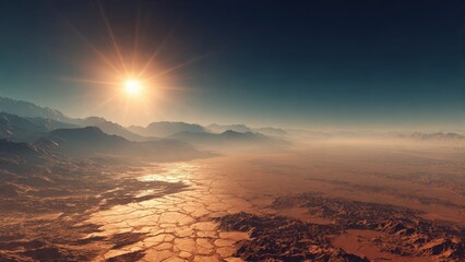 Sun-kissed Wilderness: A panoramic view unfolds, revealing a rugged mountainscape touched by the golden light of the setting sun, where the terrain is gently kissed by a layer of haze.