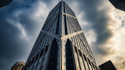 Looking up at modern skyscraper with glass facade and dramatic perspective