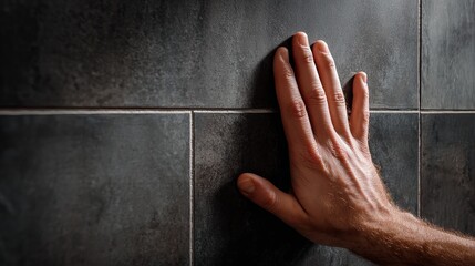 Close-up of hand resting on dark textured tiles in a modern bathroom setting