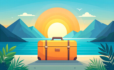 Travel Suitcase with Sunrise Over Mountains