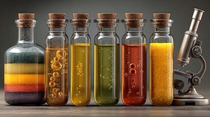 Colorful liquids in glass bottles with corks and a microscope for scientific research