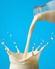 Fresh milk pouring from a bottle into a glass with a splash crown on a blue background