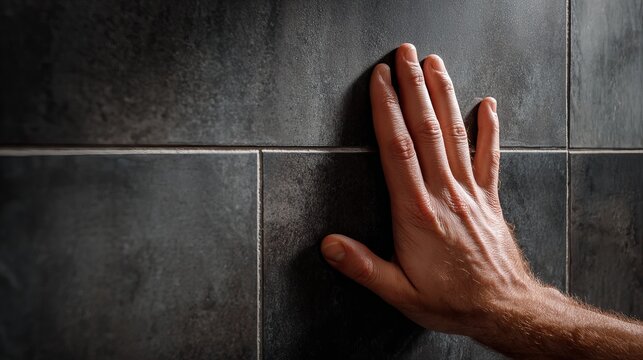 Close-up of hand resting on dark textured tiles in a modern bathroom setting - Powered by Adobe