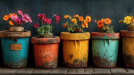Colorful flowers blossoming in vintage pots against a dark backdrop