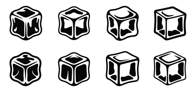 Ice cubes, Small pieces of frozen water, Ice Cube Silhouette, Cold frozen water, Ice cube different melting stages, geometric shapes vector illustration