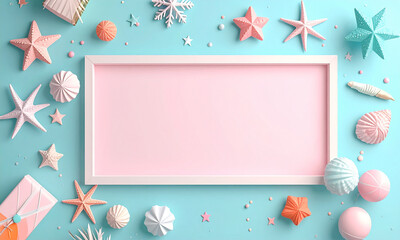 Festive and whimsical flat lay with pastel-colored stars, snowflakes, and gift boxes on a light blue background, perfect for holiday or celebratory designs