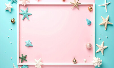 Elegant pastel pink and blue festive background with crisp white frame, shimmering star ornaments and delicate details for creative holiday designs