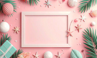 Delicate Pastel Pink Frame Adorned with Gentle Summer and Celebration Decorations, Offering a Sweet Empty Space for Your Custom Message or Beautiful Image Display