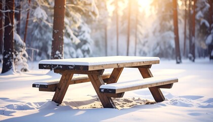 Snowy wooden picnic table