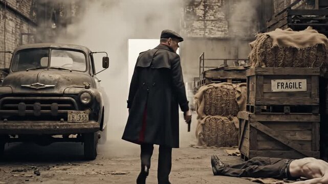 A detective investigates a crime scene in an abandoned warehouse with a vintage truck and hay bales