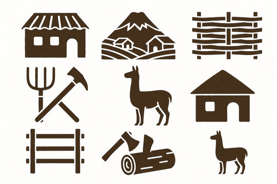 Ecuadorian Village Icon Set with Clay Houses, Mountain Farms, Woven Fences, Wood Tools and Llamas in Vector