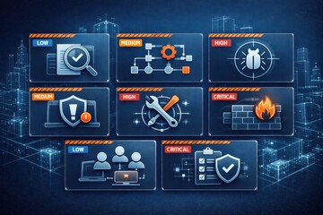 Digital security threat level assessment interface showcasing critical vulnerabilities and various severity ratings expressed in innovative graphic design and conceptual clarity