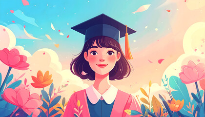 Illustration of a woman dressed as a graduate smiling and looking straight ahead