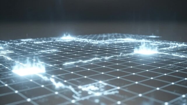 A digital representation featuring illuminated squares across a grid. Graphics suggesting energy and data