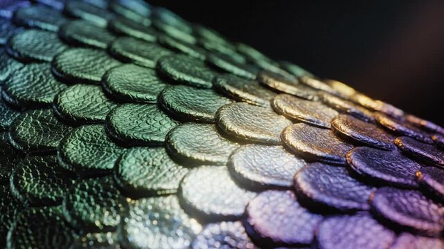 Close-up of iridescent scales displaying a beautiful color gradient from green to purple with intricate texture.