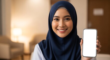 Smiling Muslim Woman in Hijab Showing Blank Smartphone Screen for Advertisement.