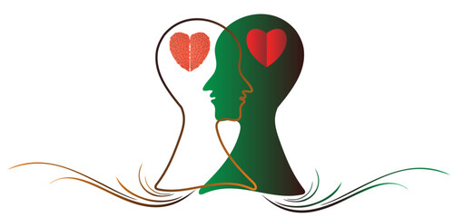 Illustration of the concept of emotional intelligence, mental health, or well-being. Good mental hygiene with the shape of a heart, a brain, and the outline of a profile face.