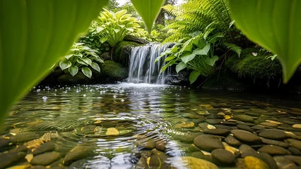 Plexiglas schilderij Toilet Intimate low angle view captures the gentle cascade of a small garden waterfall flowing into a clear pool revealing smooth wet stones beneath lush surrounding tropical foliage and foreground leaves  © Rupanala