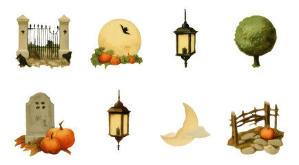 Vintage Halloween Illustration of Garden Elements and Nighttime Decor