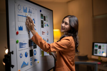 Businesswoman presenting data analysis charts on whiteboard