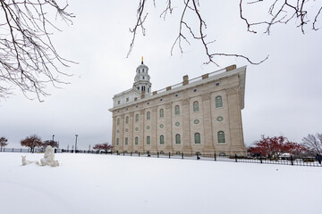 Nauvoo IL temple after a winter snowstorm