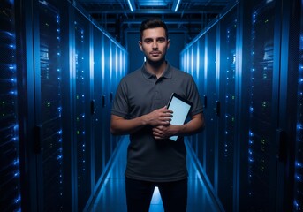 IT Administrator Standing in Modern Data Center with Tablet
