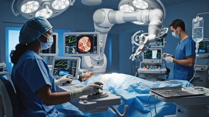 A medical procedure shows surgeons and technology in an operating room, screens and robot arms - Powered by Adobe