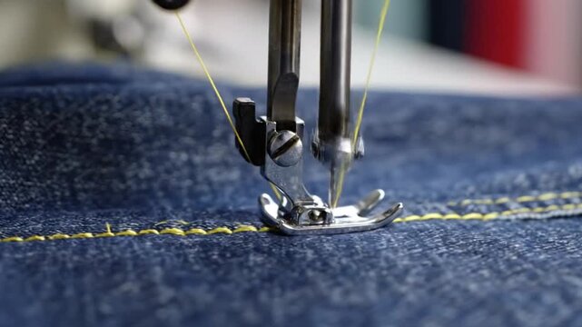 Close-up of sewing machine needle stitching yellow thread into blue denim jeans fabric