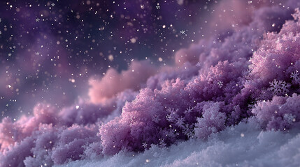 Snow-covered trees and falling snowflakes in a winter scene with purple hues.