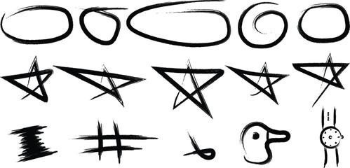 A collection of 13 unique symbolic markings and abstract shapes