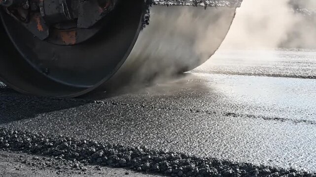 Close-up of heavy road roller compacting hot asphalt with steam rising during road construction paving