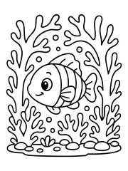 Naklejka premium Underwater Harmony: A delightful cartoon illustration presents a cheerful fish, joyfully navigating an underwater realm amid graceful coral and gentle bubbles. 