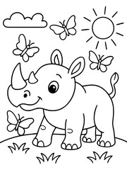 Naklejka premium Rhino with Butterflies: A cheerful illustration presents a charming rhino, accompanied by fluttering butterflies, a radiant sun, and fluffy clouds, bringing a sense of childlike wonder.