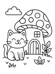 Fototapeta premium Cozy Cat's Abode: In a whimsical illustration, a cheerful cat rests contentedly beside a fantastical mushroom house, evoking a sense of childlike wonder and imaginative play.