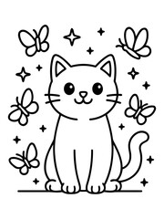 Obraz premium Cute Kitten and Butterflies Illustration: An adorable kitten sits surrounded by whimsical butterflies and twinkling stars, creating a charming and playful design perfect for any project.