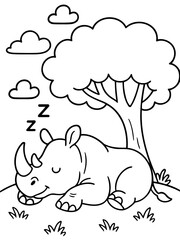 Fototapeta premium A Resting Rhino's Slumber: In a peaceful scene, a rhino enjoys a nap under the shade of a tree, with fluffy clouds above. This image creates a simple cartoon style.
