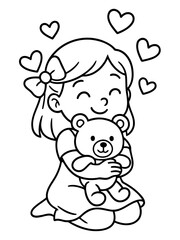 Fototapeta premium Unconditional Affection: A young girl, radiating warmth and tenderness, embraces a beloved teddy bear, symbolizing the pure bond of love and childhood bliss.