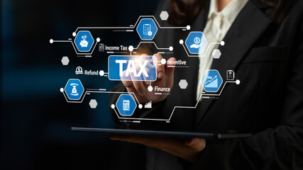 A businessperson engages with a digital tax management interface on a tablet, showcasing financial icons and innovative elements in a modern office backdrop. Tessel
