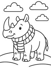 Fototapeta premium Cozy Rhino: An adorable illustration of a rhinoceros with a cheerful expression, wearing a cozy scarf and surrounded by simple cloud outlines.