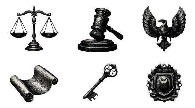 Ancient Judicial Symbols Illustrated in Dark Engraving on Transparent Background
