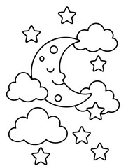 Obraz premium Celestial Dream: An enchanting illustration of a smiling crescent moon, cradled by fluffy clouds, twinkling stars forming a serene nightscape, evoking a sense of calm.